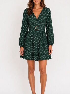 Maeve Green and white polka dot dress with gold buckle detail